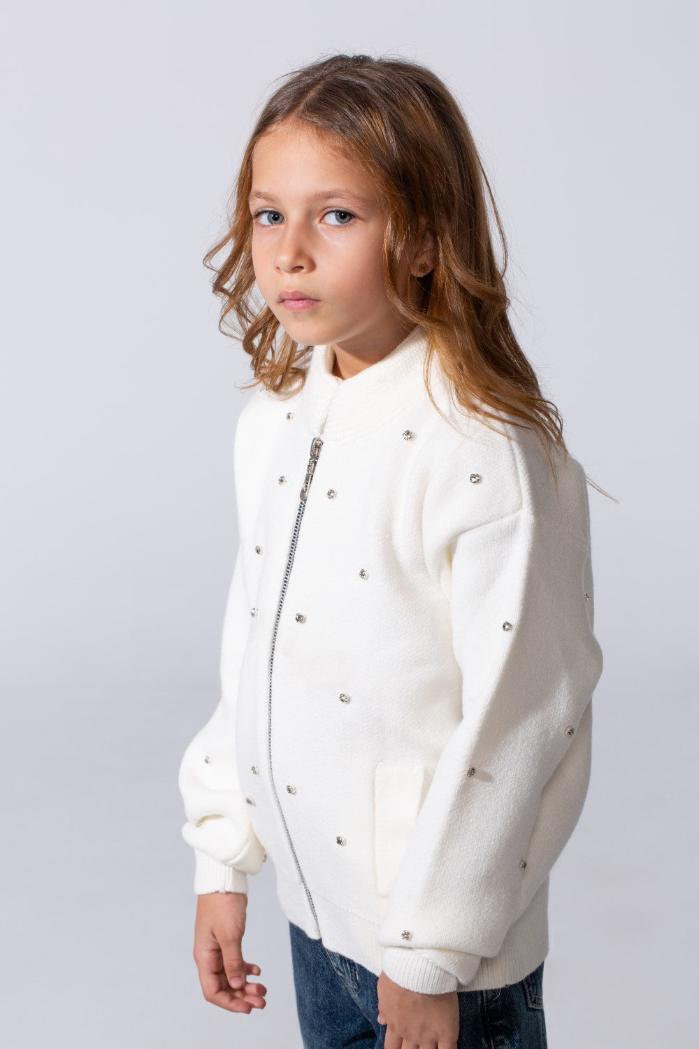 Girl's Knitted Zipper Pullover With Rhinestones And Side Pockets
