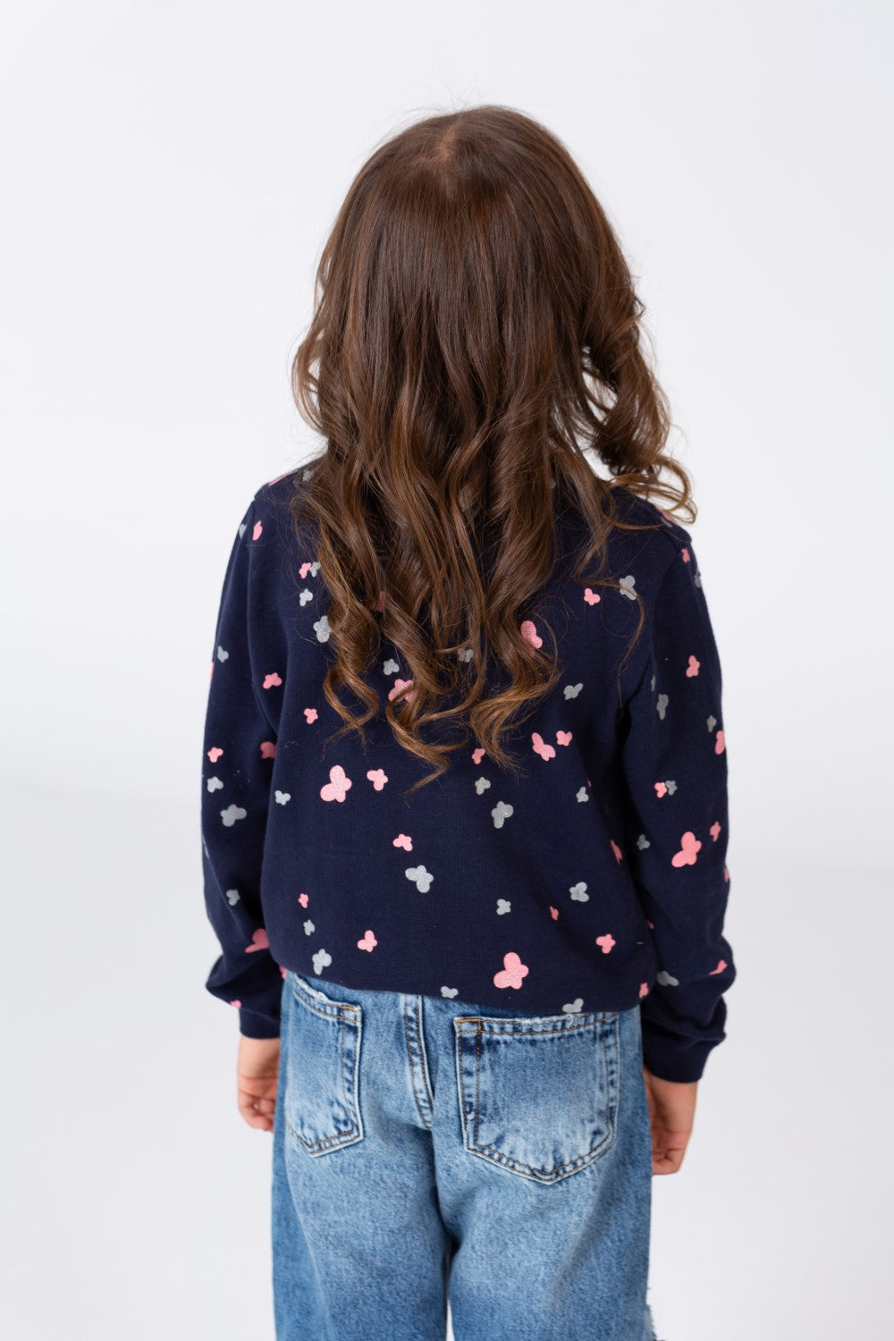 Girl's Round Neck Pullover With Buttons On The Front And A Butterflies Print
