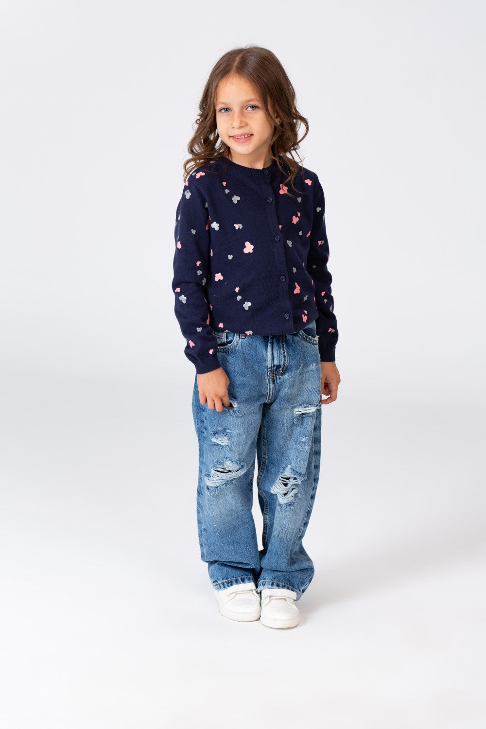 Girl's Round Neck Pullover With Buttons On The Front And A Butterflies Print