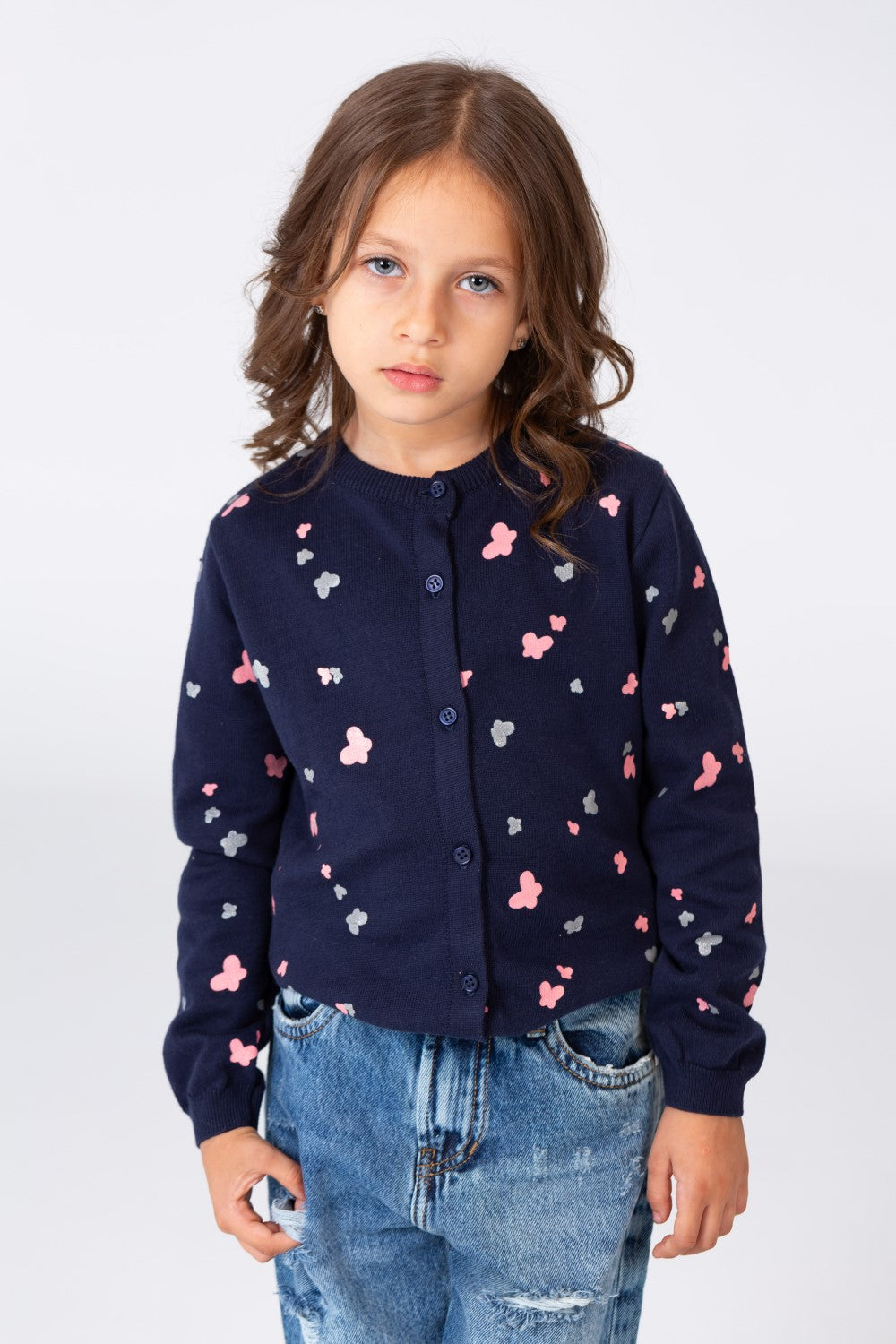 Girl's Round Neck Pullover With Buttons On The Front And A Butterflies Print