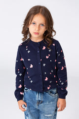 Girl's Round Neck Pullover With Buttons On The Front And A Butterflies Print