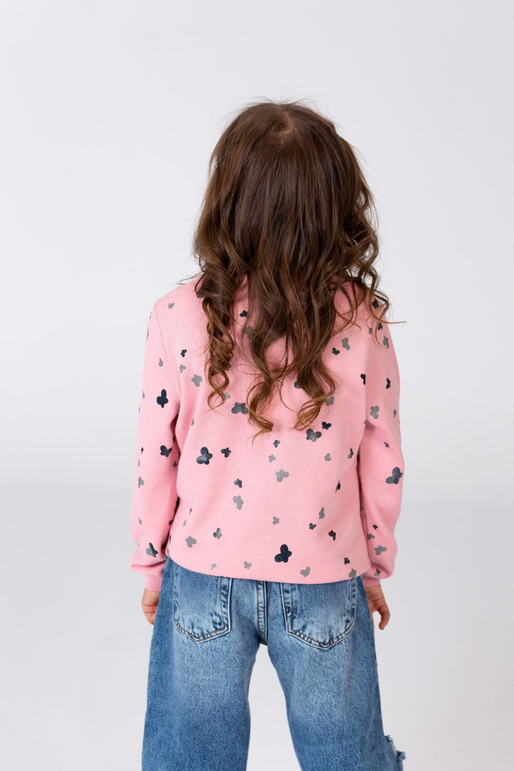 Girl's Round Neck Pullover With Buttons On The Front And A Butterflies Print