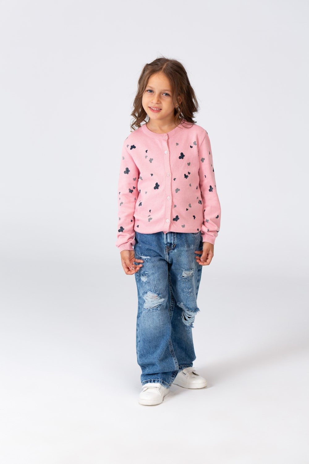 Girl's Round Neck Pullover With Buttons On The Front And A Butterflies Print