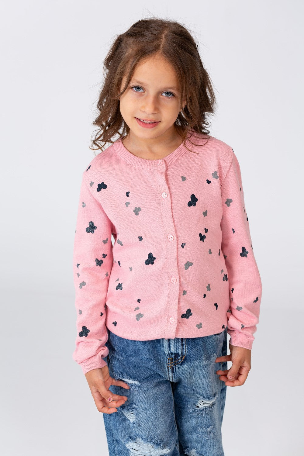 Girl's Round Neck Pullover With Buttons On The Front And A Butterflies Print