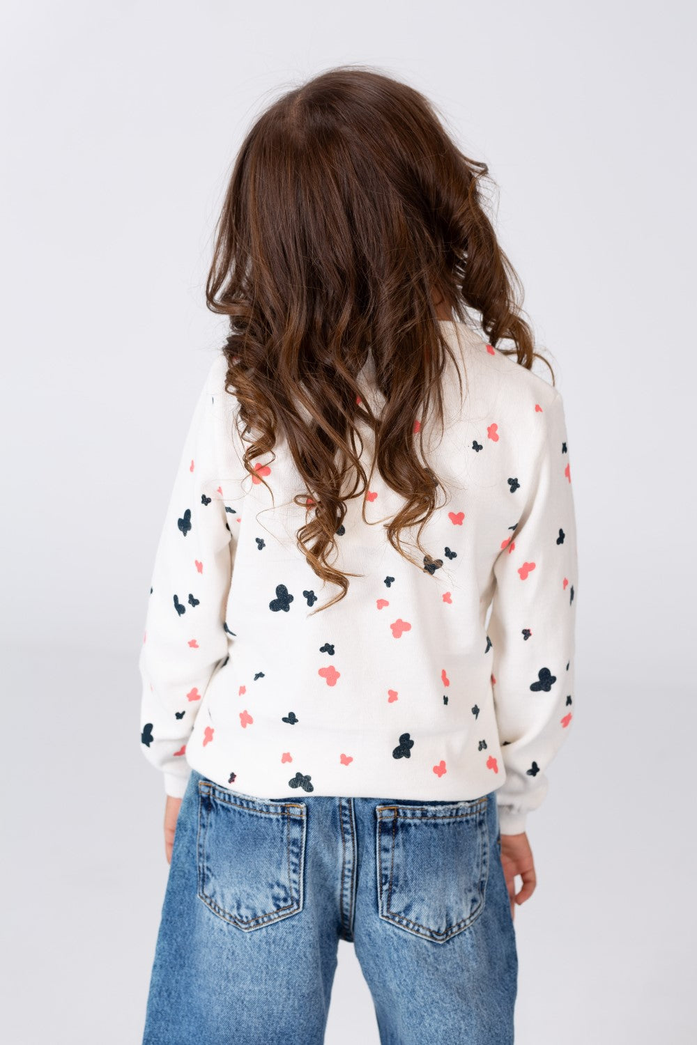 Girl's Round Neck Pullover With Buttons On The Front And A Butterflies Print