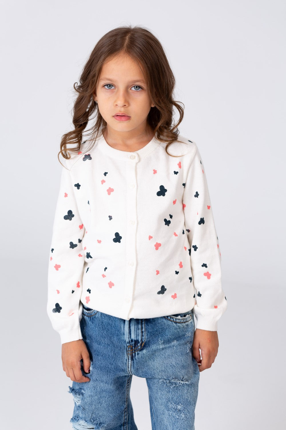Girl's Round Neck Pullover With Buttons On The Front And A Butterflies Print