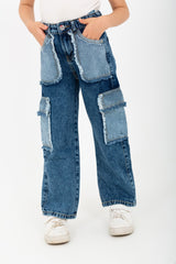 بنطلون جينز بناتي بقصة أرجل واسعة مع جيوب أمامية وخلفية وقصة فريدة