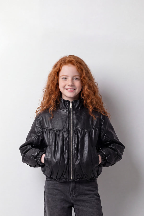 Girl's Tomato Store Leather Jacket Gathered Front Panel Box Fit