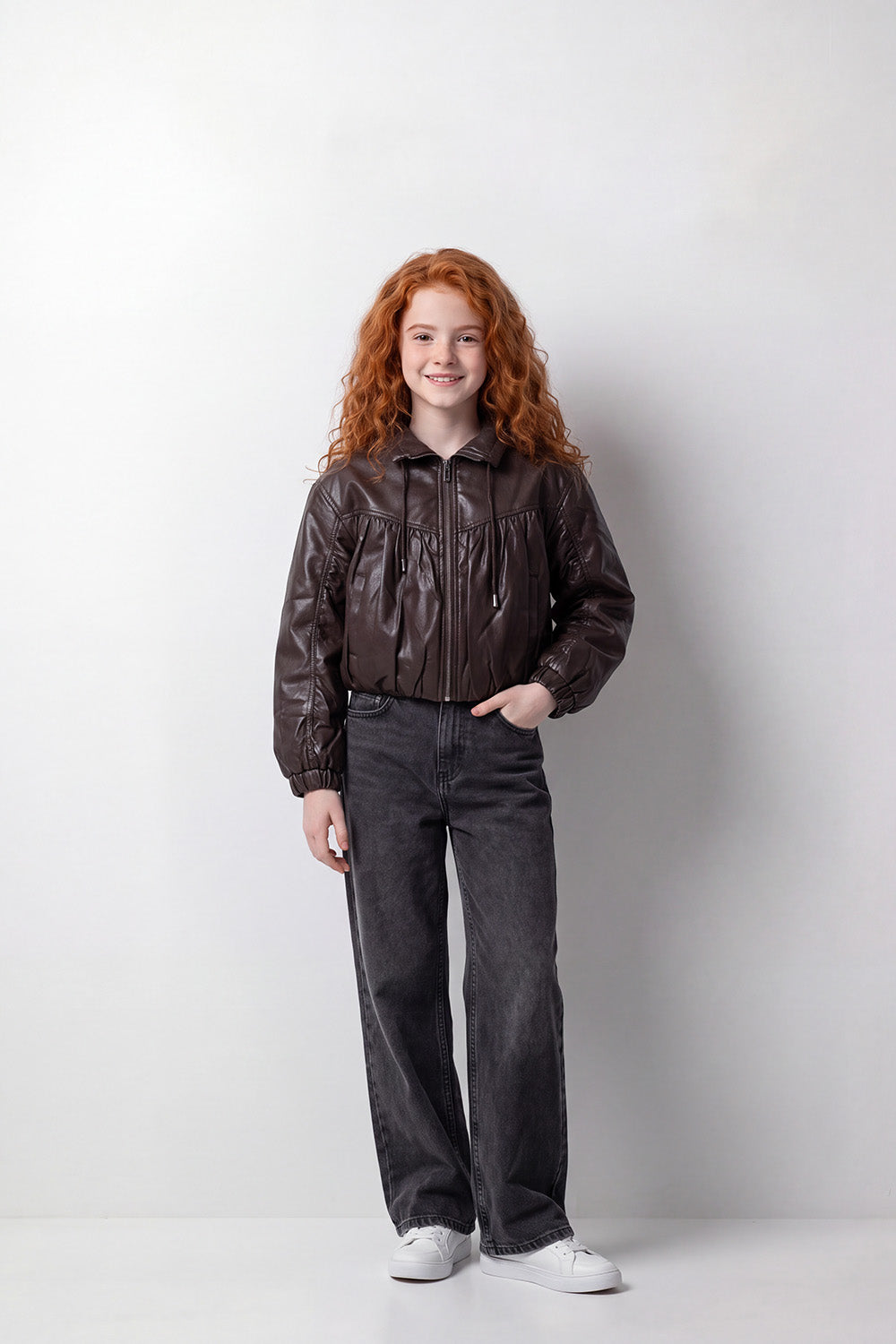 Girl's Tomato Store Leather Jacket Gathered Front Panel Box Fit