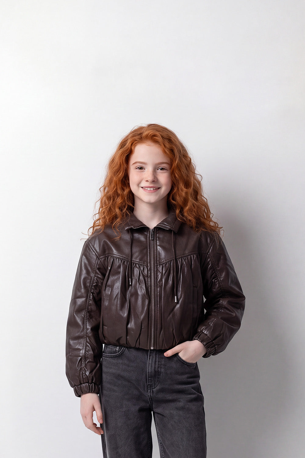 Girl's Tomato Store Leather Jacket Gathered Front Panel Box Fit
