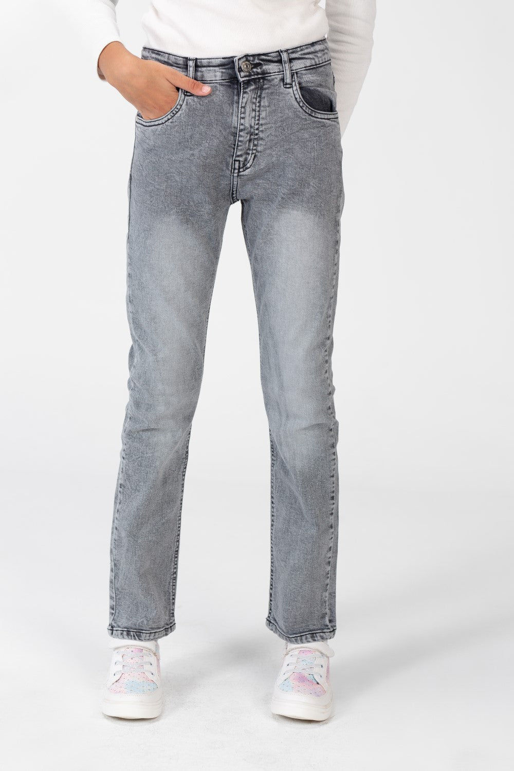 Girl's Plain Jeans Pants With Basic Details