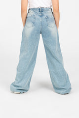 Girl's Wide Leg Cutting Jeans Pants with Modern Front Buttons
