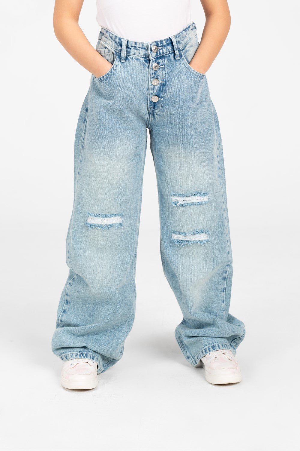 Girl's Wide Leg Cutting Jeans Pants with Modern Front Buttons