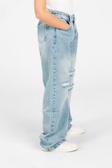 Girl's Wide Leg Cutting Jeans Pants with Modern Front Buttons