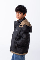 Boy’s Hooded Quilted Puffer Waterproof Jacket with Contrast Panels & Front Zip Closure and Zipped Side Pockets