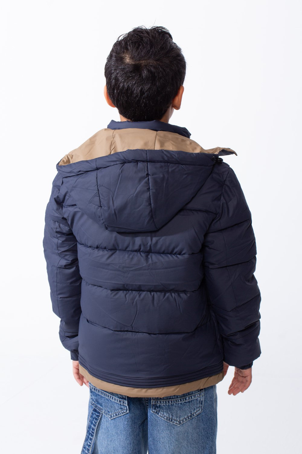 Boy’s Hooded Quilted Puffer Waterproof Jacket with Contrast Panels & Front Zip Closure and Zipped Side Pockets