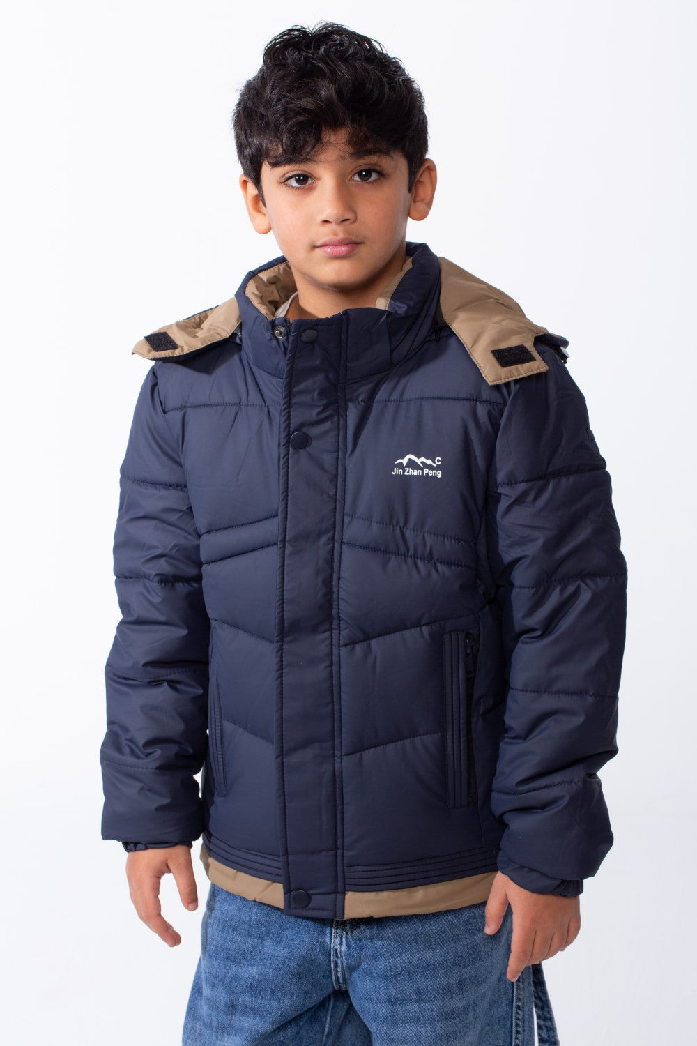Boy’s Hooded Quilted Puffer Waterproof Jacket with Contrast Panels & Front Zip Closure and Zipped Side Pockets
