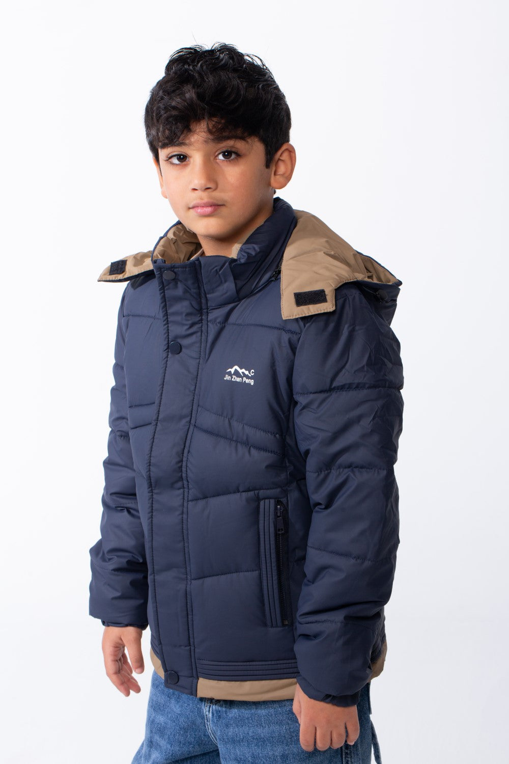 Boy’s Hooded Quilted Puffer Waterproof Jacket with Contrast Panels & Front Zip Closure and Zipped Side Pockets