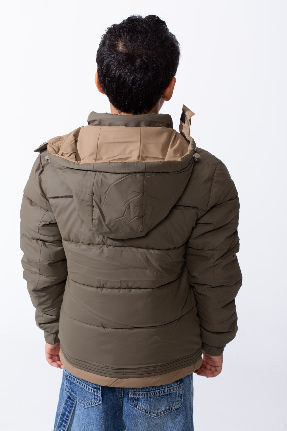 Boy’s Hooded Quilted Puffer Waterproof Jacket with Contrast Panels & Front Zip Closure and Zipped Side Pockets