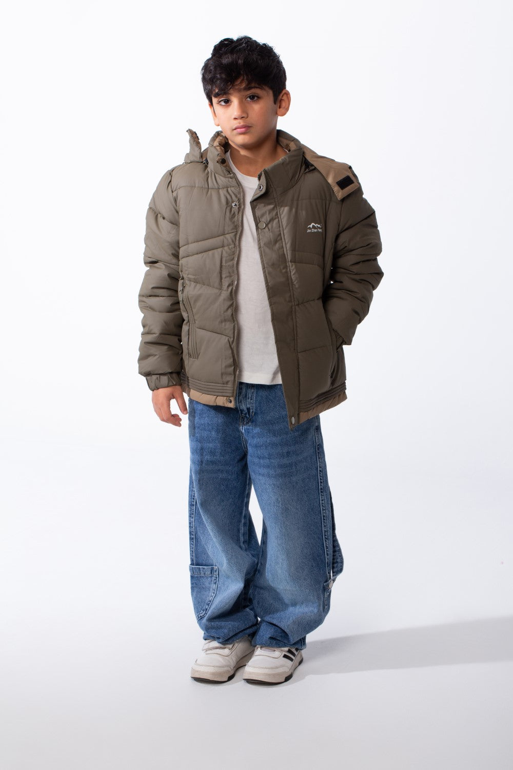 Boy’s Hooded Quilted Puffer Waterproof Jacket with Contrast Panels & Front Zip Closure and Zipped Side Pockets