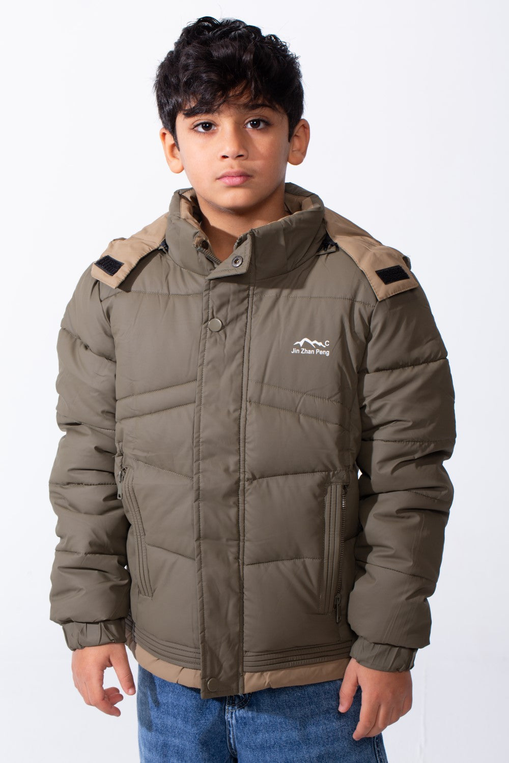 Boy’s Hooded Quilted Puffer Waterproof Jacket with Contrast Panels & Front Zip Closure and Zipped Side Pockets