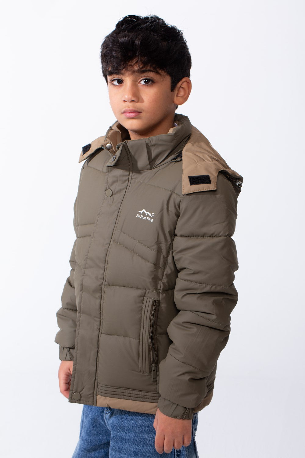 Boy’s Hooded Quilted Puffer Waterproof Jacket with Contrast Panels & Front Zip Closure and Zipped Side Pockets