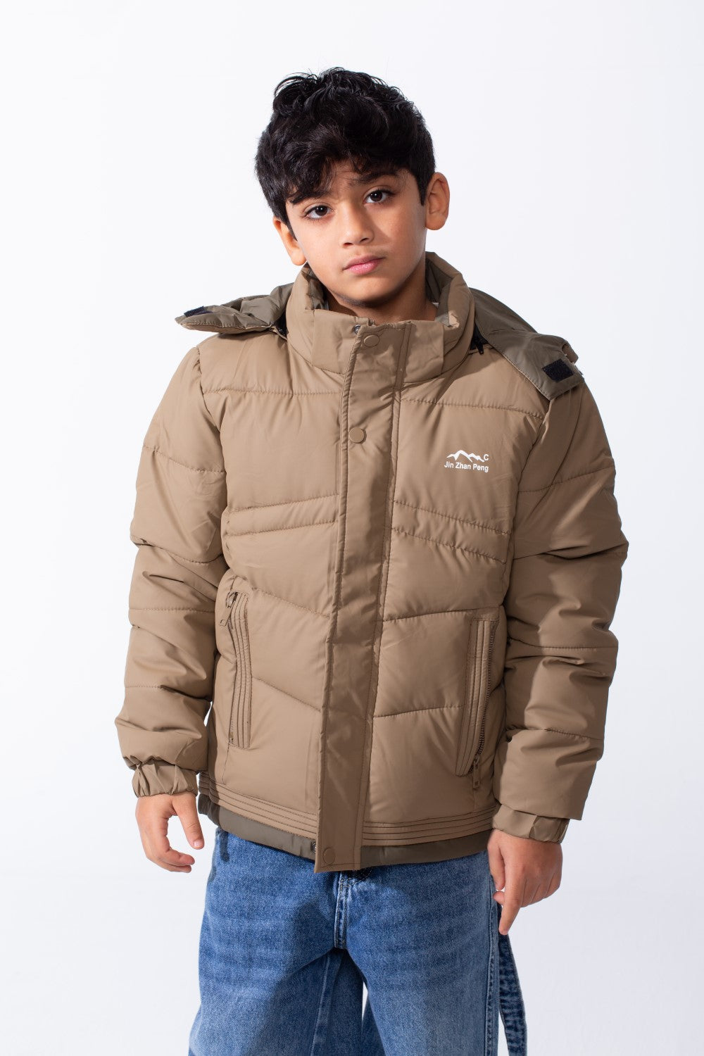 Boy’s Hooded Quilted Puffer Waterproof Jacket with Contrast Panels & Front Zip Closure and Zipped Side Pockets