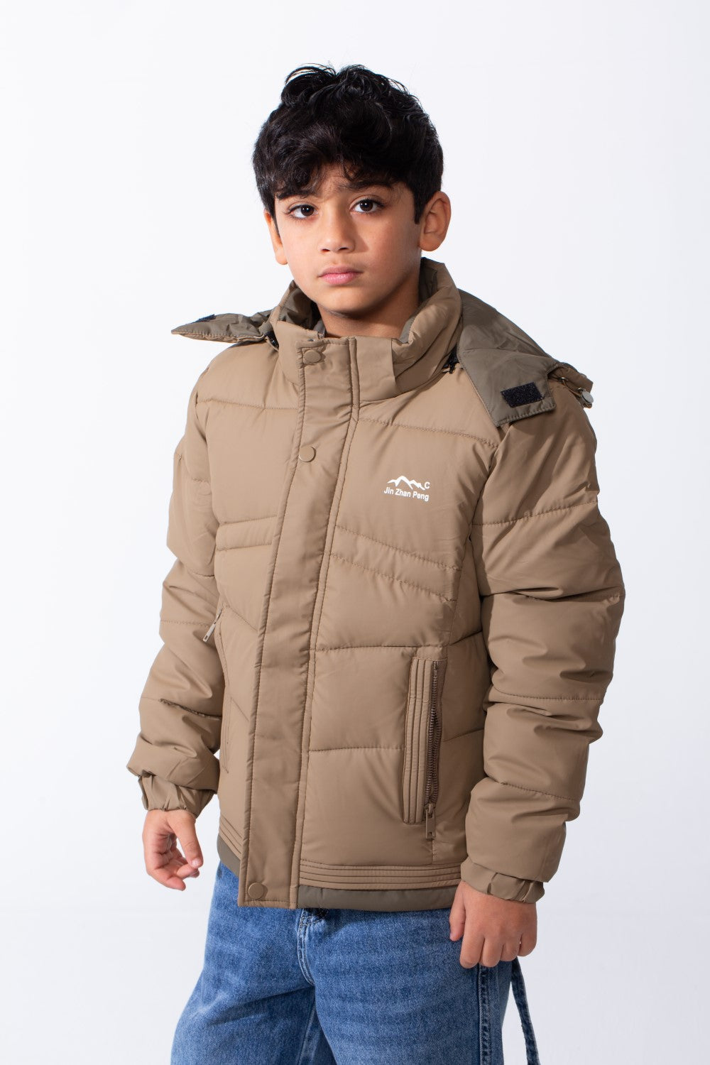 Boy’s Hooded Quilted Puffer Waterproof Jacket with Contrast Panels & Front Zip Closure and Zipped Side Pockets