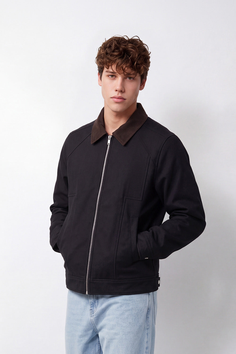 Men's Tomato Store Premium Faux Suede Jacket Contrast  Collar Angled Side Pockets Slim Fit