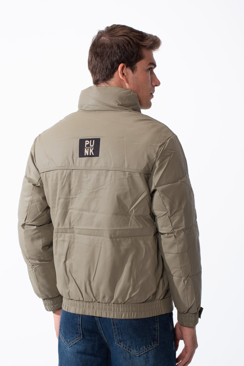 Men's High Collar Zip-Up Zipper Pockets Crinkle Texture Waterproof Fabric Thermal Modern Jacket