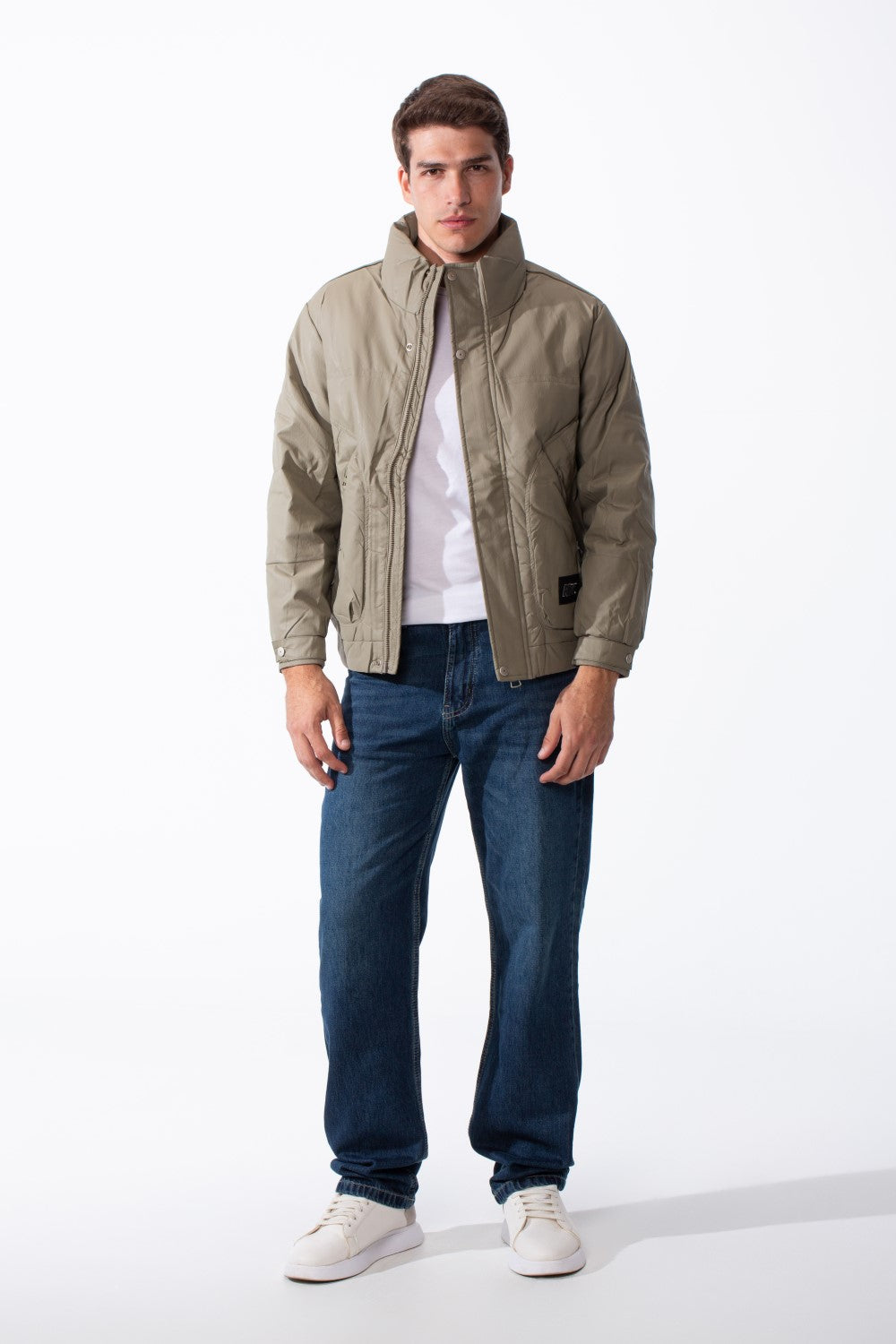 Men's High Collar Zip-Up Zipper Pockets Crinkle Texture Waterproof Fabric Thermal Modern Jacket