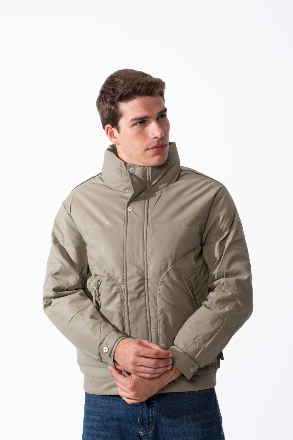 Men's High Collar Zip-Up Zipper Pockets Crinkle Texture Waterproof Fabric Thermal Modern Jacket