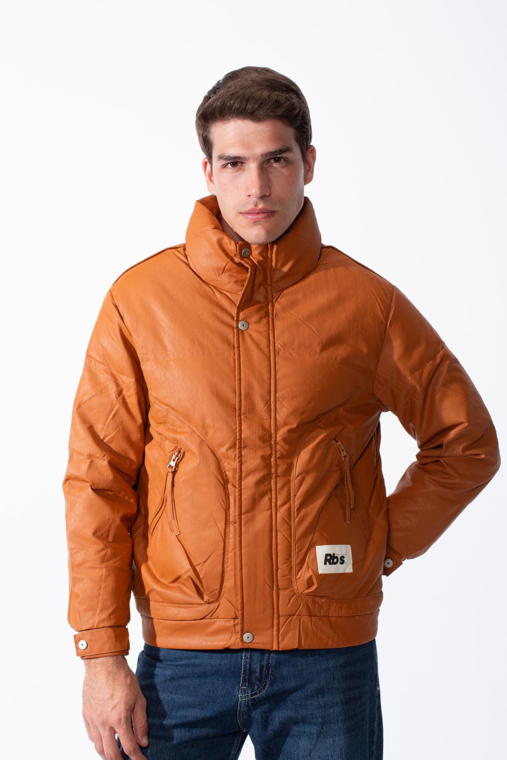 Men's High Collar Zip-Up Zipper Pockets Crinkle Texture Waterproof Fabric Thermal Modern Jacket
