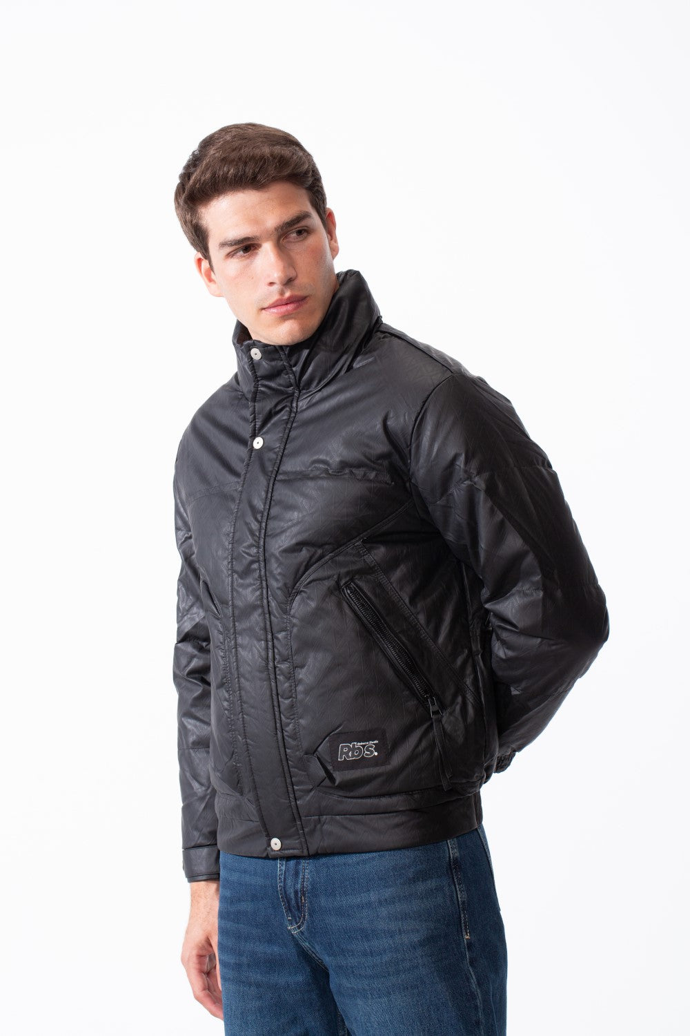 Men's High Collar Zip-Up Zipper Pockets Crinkle Texture Waterproof Fabric Thermal Modern Jacket