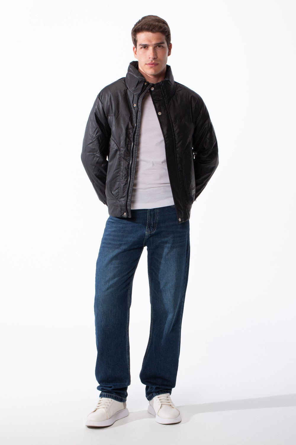 Men's High Collar Zip-Up Zipper Pockets Crinkle Texture Waterproof Fabric Thermal Modern Jacket