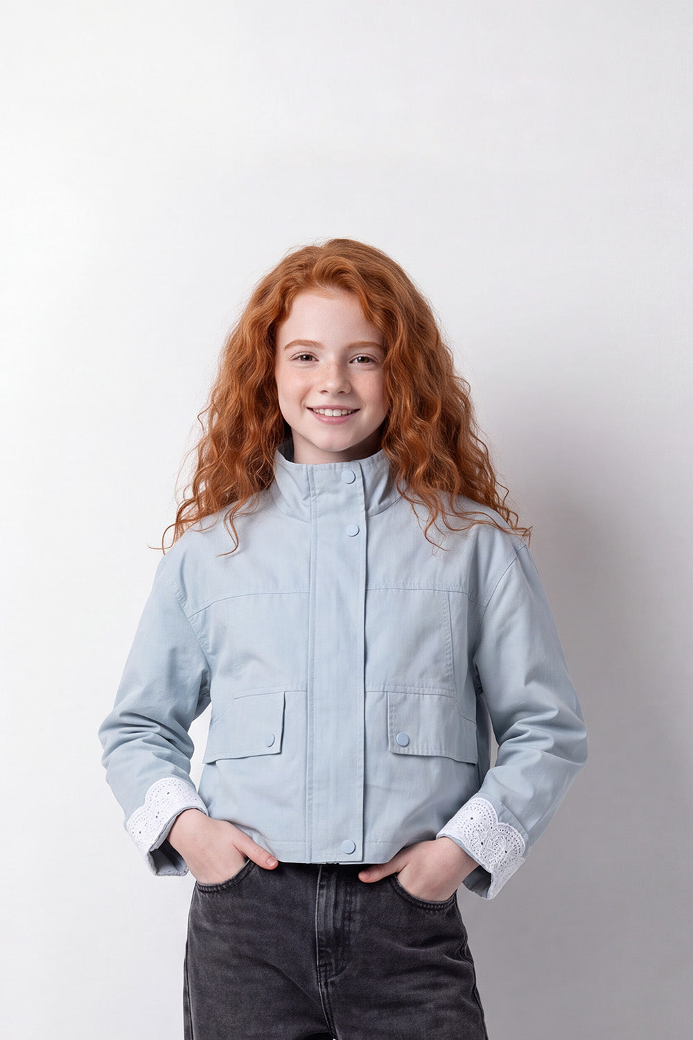 Girl's Tomato Store Jacket High Neck Slim Fit Waterproof Front Utility Flap Pockets