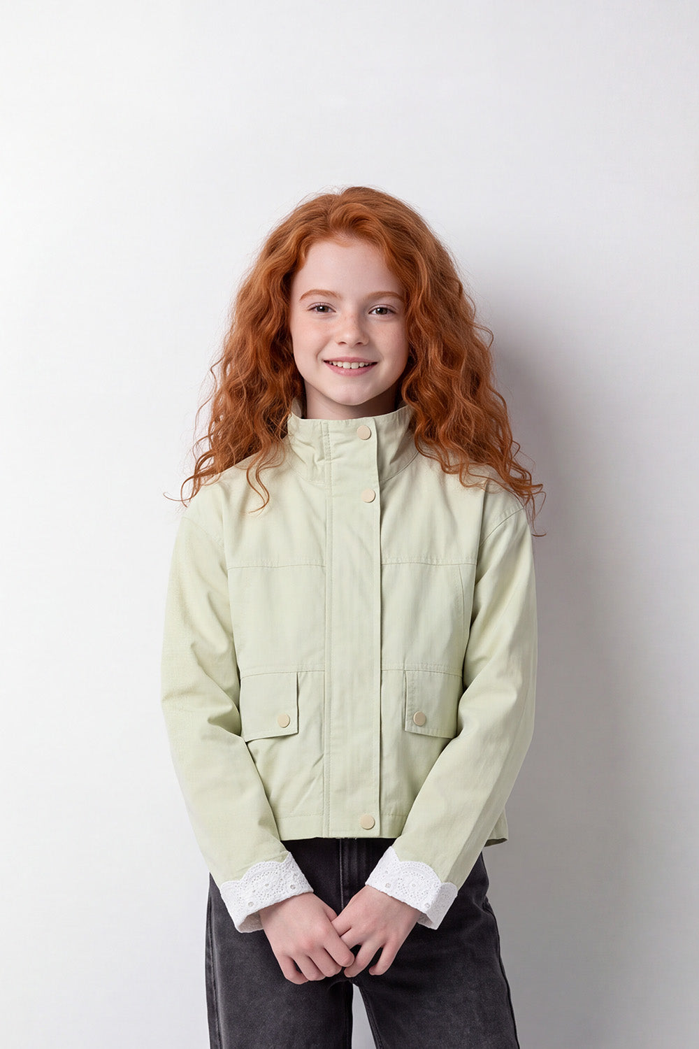 Girl's Tomato Store Jacket High Neck Slim Fit Waterproof Front Utility Flap Pockets