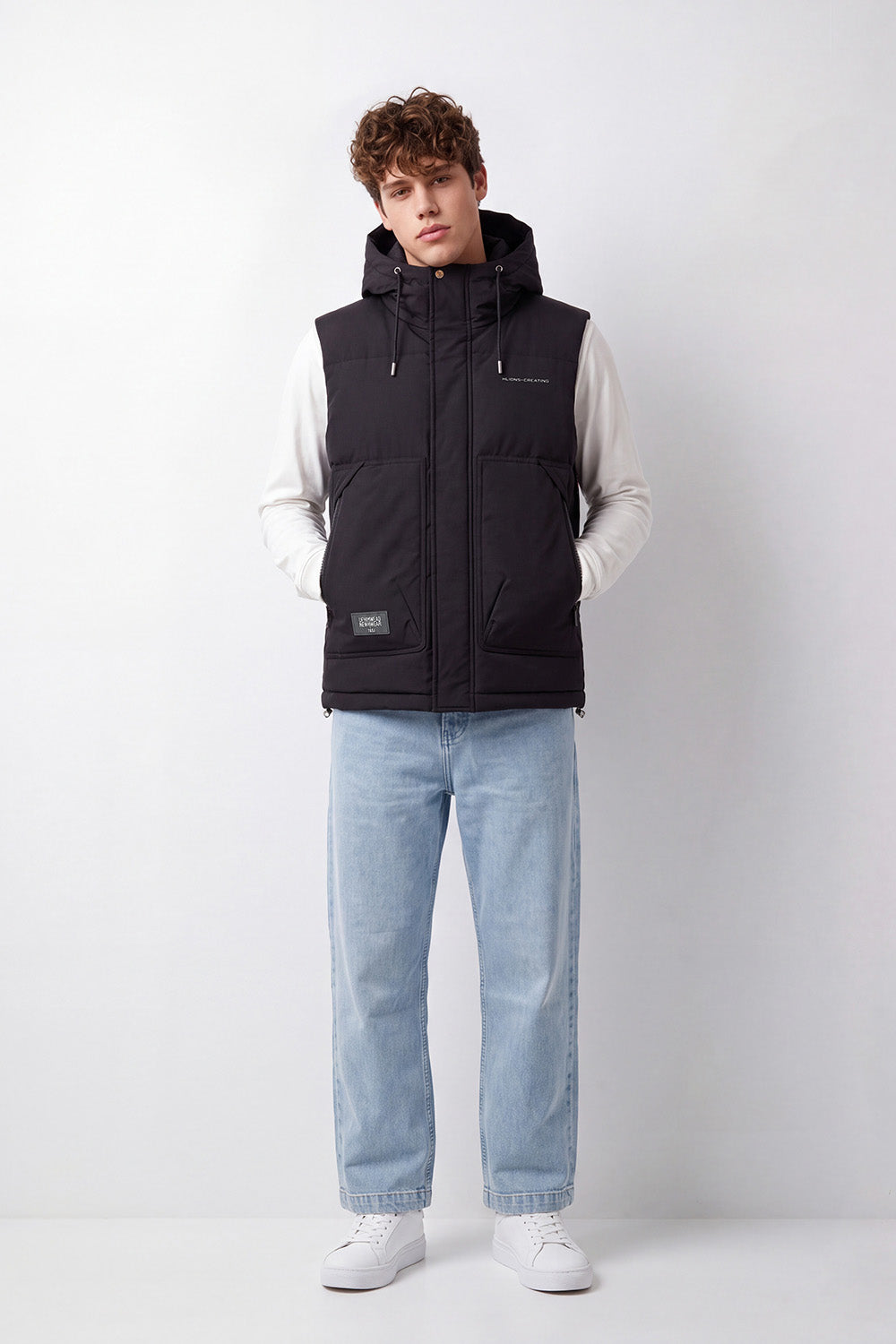 Men's Tomato Store Slim Fit Padded Hooded Vest Sleeveless Drawstring Hood Full-Zip Front Utility Patch Waterproof
