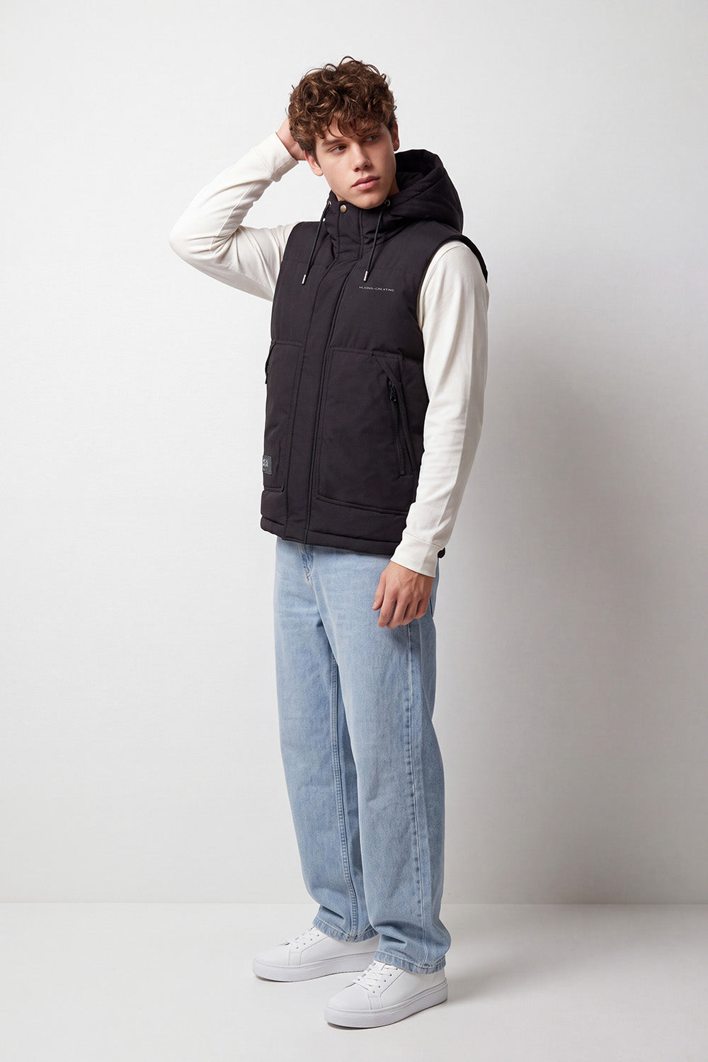Men's Tomato Store Slim Fit Padded Hooded Vest Sleeveless Drawstring Hood Full-Zip Front Utility Patch Waterproof