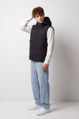 Men's Tomato Store Slim Fit Padded Hooded Vest Sleeveless Drawstring Hood Full-Zip Front Utility Patch Waterproof