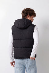 Men's Tomato Store Slim Fit Padded Hooded Vest Sleeveless Drawstring Hood Full-Zip Front Utility Patch Waterproof