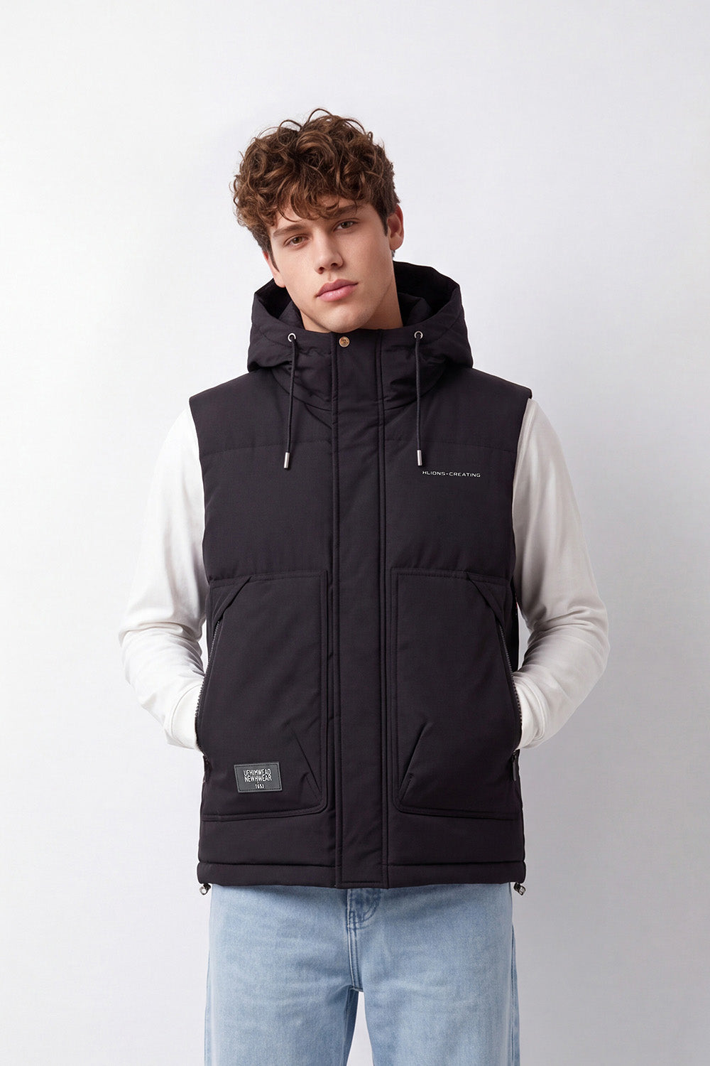 Men's Tomato Store Slim Fit Padded Hooded Vest Sleeveless Drawstring Hood Full-Zip Front Utility Patch Waterproof