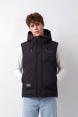 Men's Tomato Store Slim Fit Padded Hooded Vest Sleeveless Drawstring Hood Full-Zip Front Utility Patch Waterproof