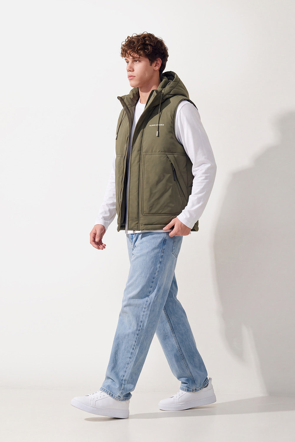 Men's Tomato Store Slim Fit Padded Hooded Vest Sleeveless Drawstring Hood Full-Zip Front Utility Patch Waterproof