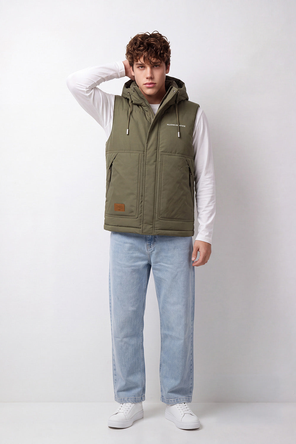 Men's Tomato Store Slim Fit Padded Hooded Vest Sleeveless Drawstring Hood Full-Zip Front Utility Patch Waterproof