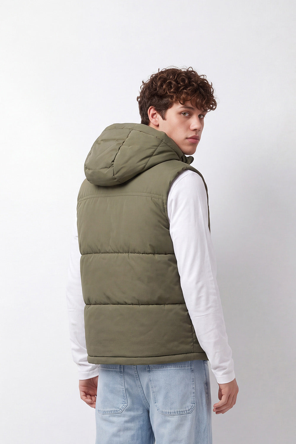Men's Tomato Store Slim Fit Padded Hooded Vest Sleeveless Drawstring Hood Full-Zip Front Utility Patch Waterproof