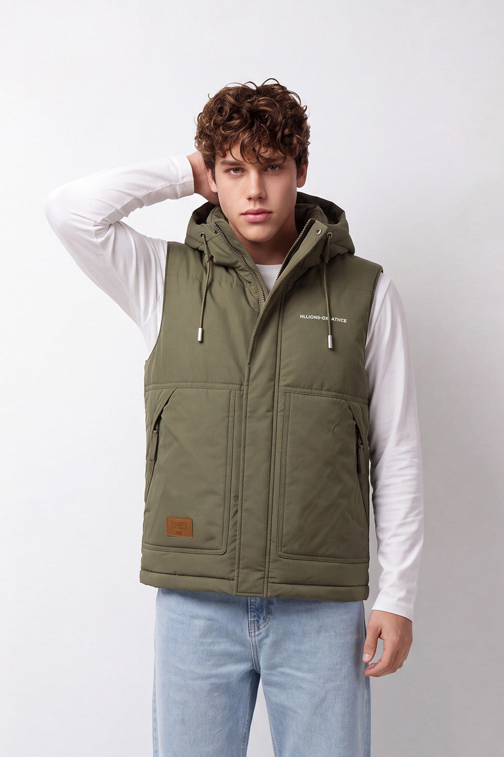 Men's Tomato Store Slim Fit Padded Hooded Vest Sleeveless Drawstring Hood Full-Zip Front Utility Patch Waterproof
