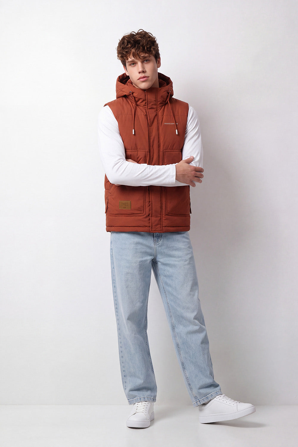 Men's Tomato Store Slim Fit Padded Hooded Vest Sleeveless Drawstring Hood Full-Zip Front Utility Patch Waterproof