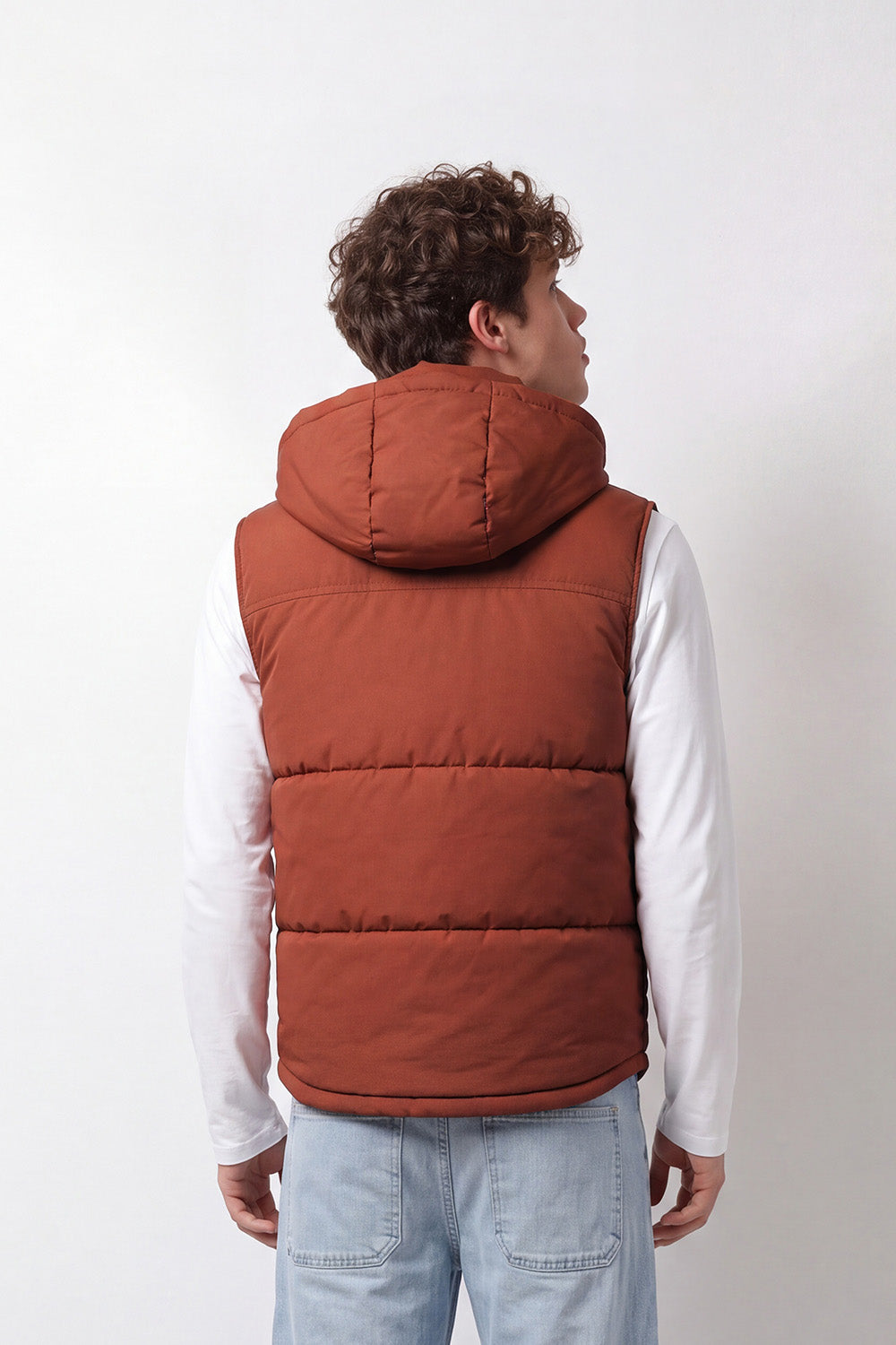 Men's Tomato Store Slim Fit Padded Hooded Vest Sleeveless Drawstring Hood Full-Zip Front Utility Patch Waterproof