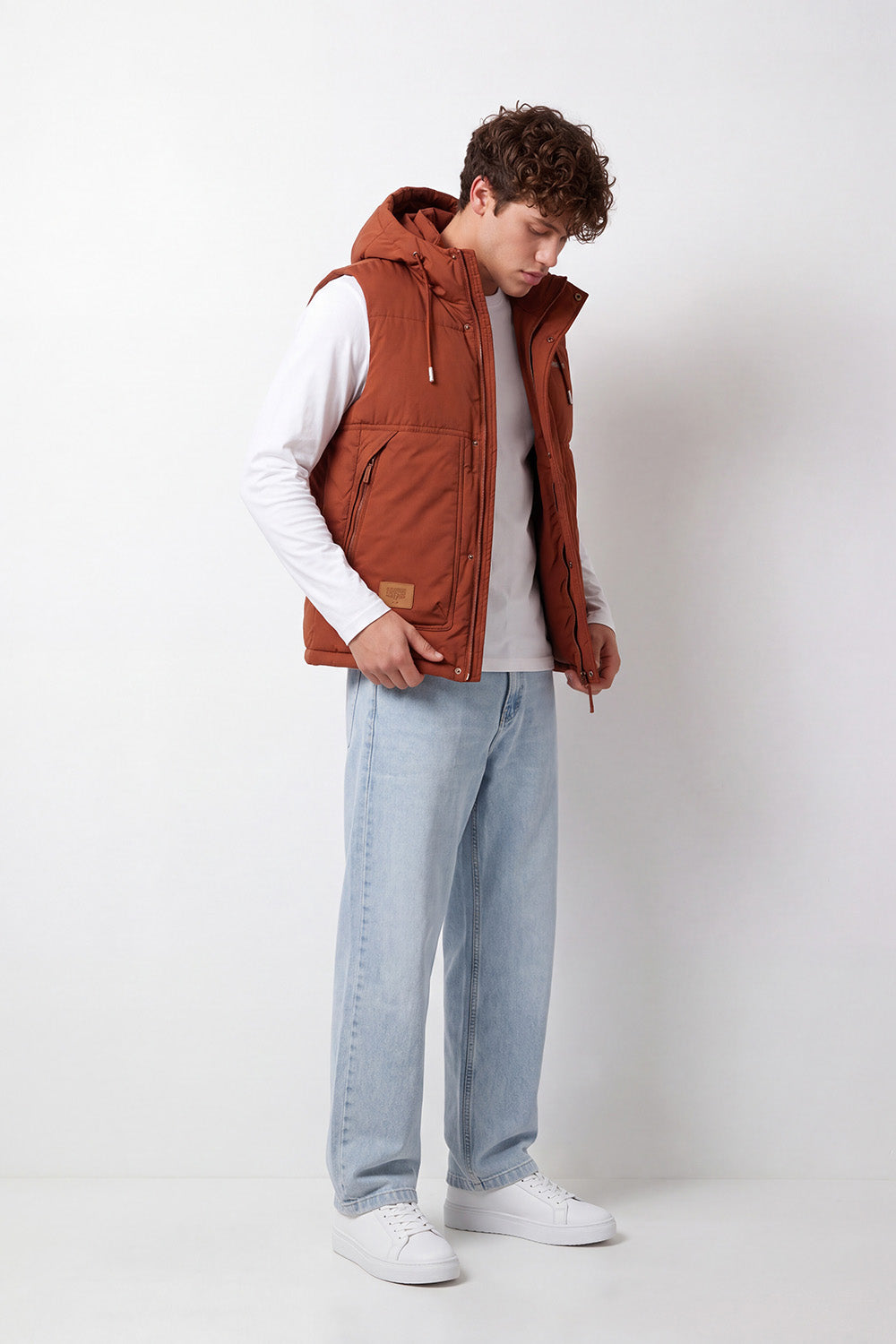 Men's Tomato Store Slim Fit Padded Hooded Vest Sleeveless Drawstring Hood Full-Zip Front Utility Patch Waterproof